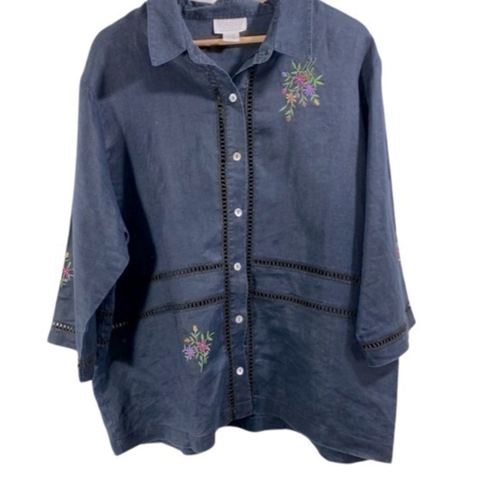 Vintage Jordan women linen floral embroidered button down shirt Size 2X